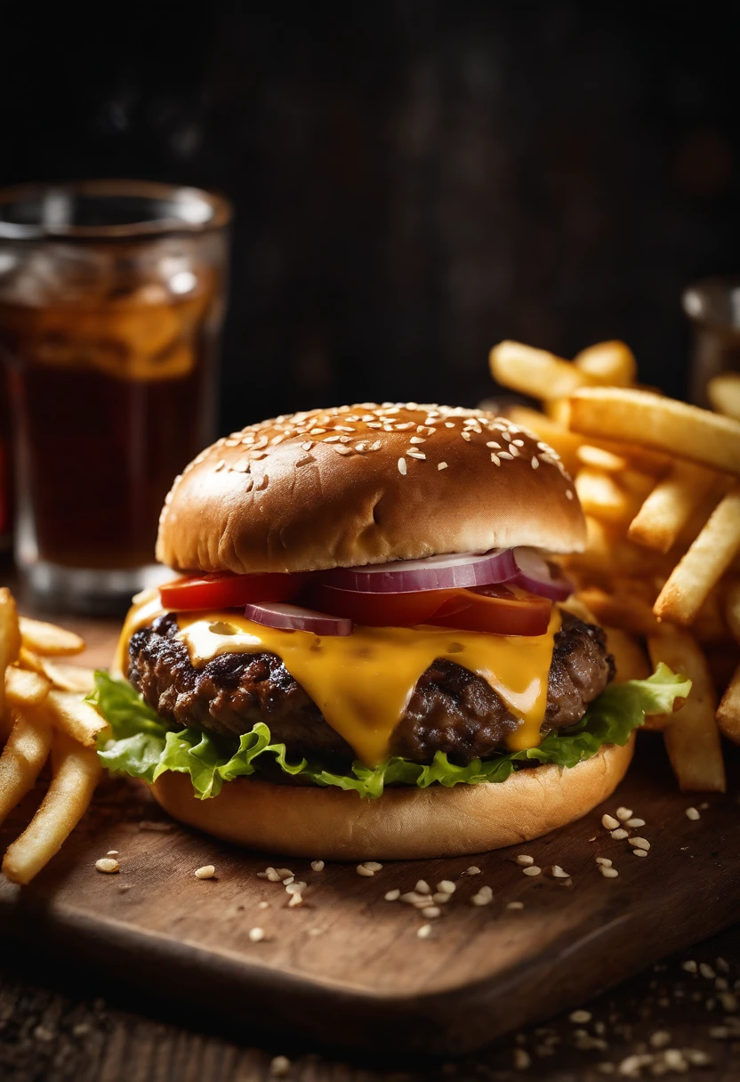 a top-down shot of a cheeseburger on a rustic wooden table, with sesame seeds sprinkled on the bun and a side of crispy golden fries, creating a classic American diner aesthetic