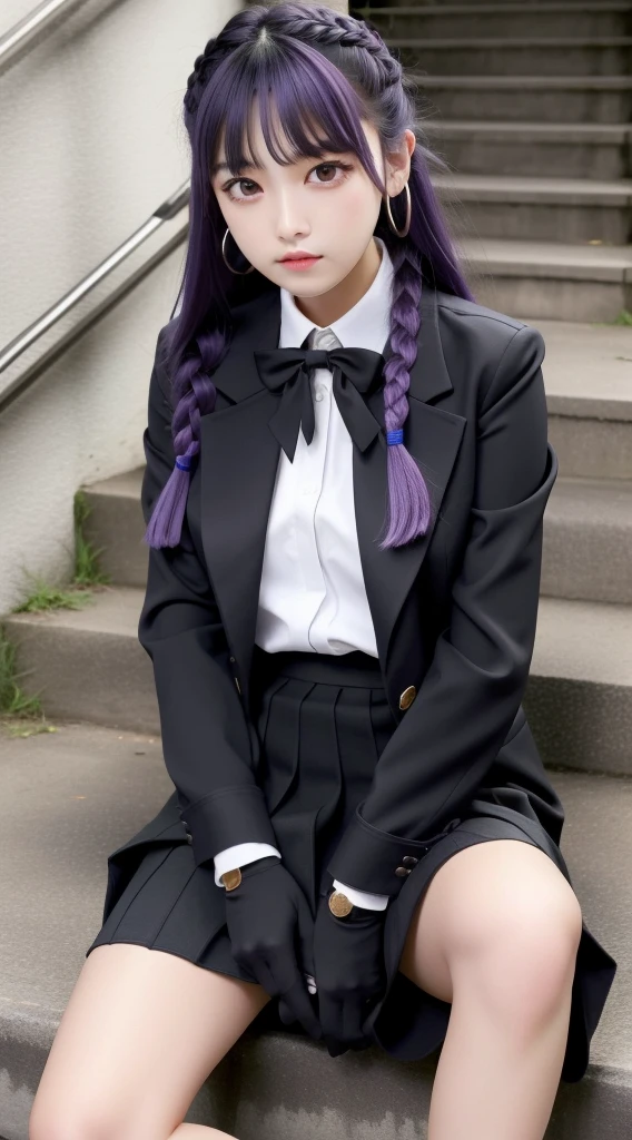 masutepiece, Best Quality, hight resolution, Akyoko, Long hair, Purple hair, Side braid, Blunt bangs, Hair Ribbon, a black ribbon, High collar, Brown tie, black motorcycle jacket, Open your clothes, Long sleeves, Black Gloves, Black mini skirt, Pleated skirt, Black long boots, Full Shot, large boob、Danganronpa \(Series\), Street, Full Shot, Looking at Viewer, White shirt、sitting cross-legged on the stairs