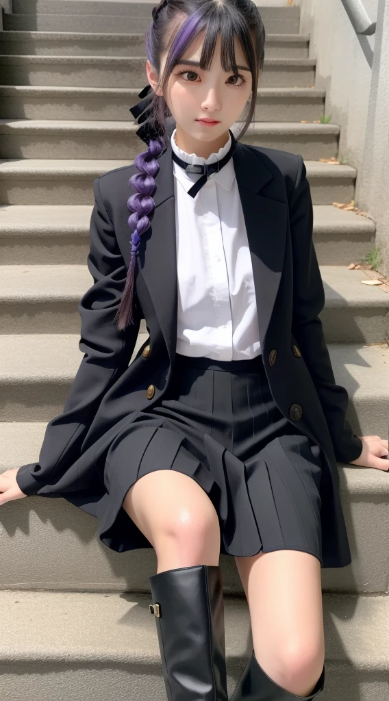 masutepiece, Best Quality, hight resolution, Akyoko, Long hair, Purple hair, Side braid, Blunt bangs, Hair Ribbon, a black ribbon, High collar, Brown tie, black motorcycle jacket, Open your clothes, Long sleeves, Black Gloves, Black mini skirt, Pleated skirt, Black long boots, Full Shot, large boob、Danganronpa \(Series\), Street, Full Shot, Looking at Viewer,  White shirt、sitting cross-legged on the stairs