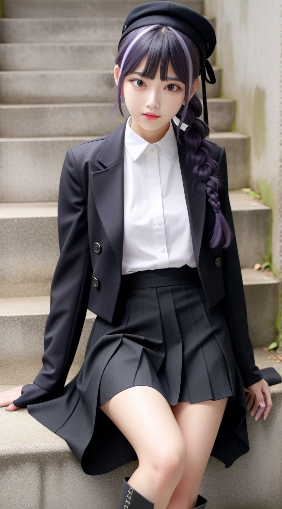 masutepiece, Best Quality, hight resolution, Akyoko, Long hair, Purple hair, Side braid, Blunt bangs, Hair Ribbon, a black ribbon, High collar, Brown tie, black motorcycle jacket, Open your clothes, Long sleeves, Black Gloves, Black mini skirt, Pleated skirt, Black long boots, Full Shot, large boob、Danganronpa \(Series\), Street, Full Shot, Looking at Viewer,  White shirt、sitting cross-legged on the stairs