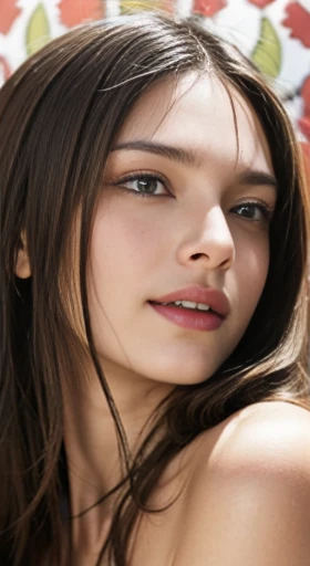 (A hyper-realistic), (hight resolution), (8K), (highly detailed), (The best illustrations), (ultra-detailed), (wall-paper), detailed face, A smile, light brunette hair, natural breasts, soft areolas, topless, Puffy areolas, puffy nipples, detailed areolas, detailed nipples, white puffy areolas