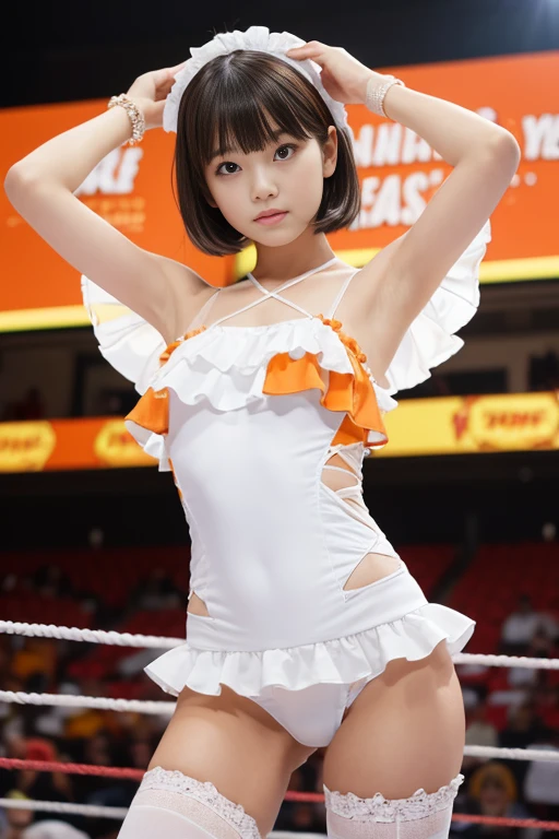 A pretty girl with perfect figure,(Lori,ars,150cm), (Lori,White and orange one-piece swimsuit with ruffles,), Very small breasts,straight short hair,bangss,Stand in the ring of professional wrestling,extremely detailed face and skin, Detailed eyes,knee high socks,Lace gloves,Crisp look,Slim body, Slender girl, Slim thighs,small hip,Pose with hands on hips