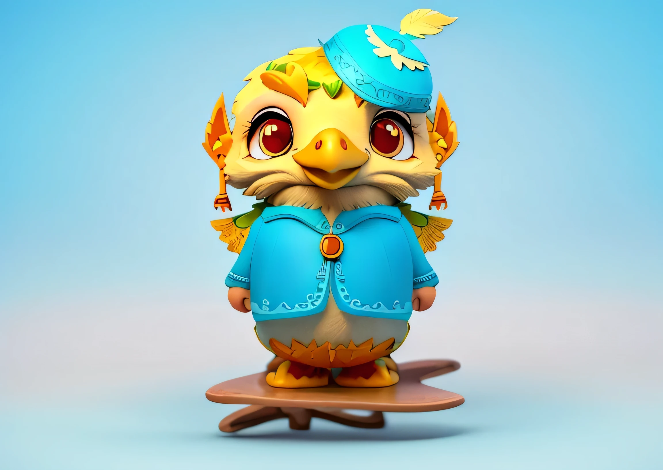 cartoon bird, dressed in blue and yellow clothes, , stylized Character design, new costume concept design, Character design contest winner, detailed Character design, game Character design, high quality Character design, highly detailed Character design, Ready-made concept art, fantasy duck concept portrait, Character design, Clothes with the image of a peacock magician, official concept art