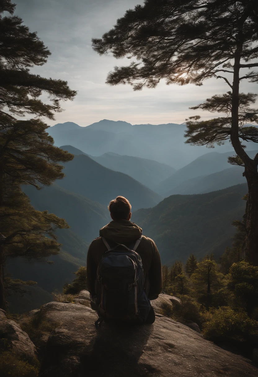 a contemplative shot of a person standing on a mountain peak, with their backpack slung over their shoulder, gazing out at a vast and majestic landscape, showcasing a moment of reflection and connection with the natural world