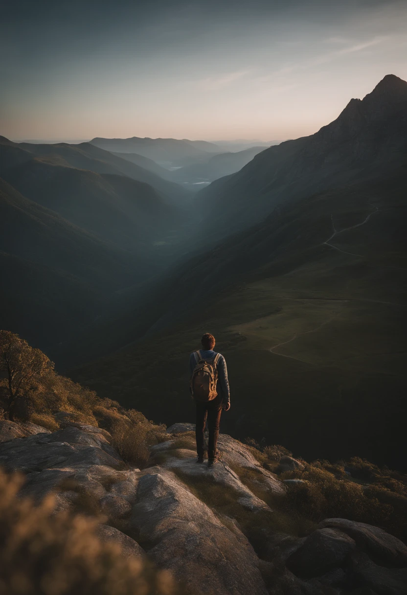 a contemplative shot of a person standing on a mountain peak, with their backpack slung over their shoulder, gazing out at a vast and majestic landscape, showcasing a moment of reflection and connection with the natural world