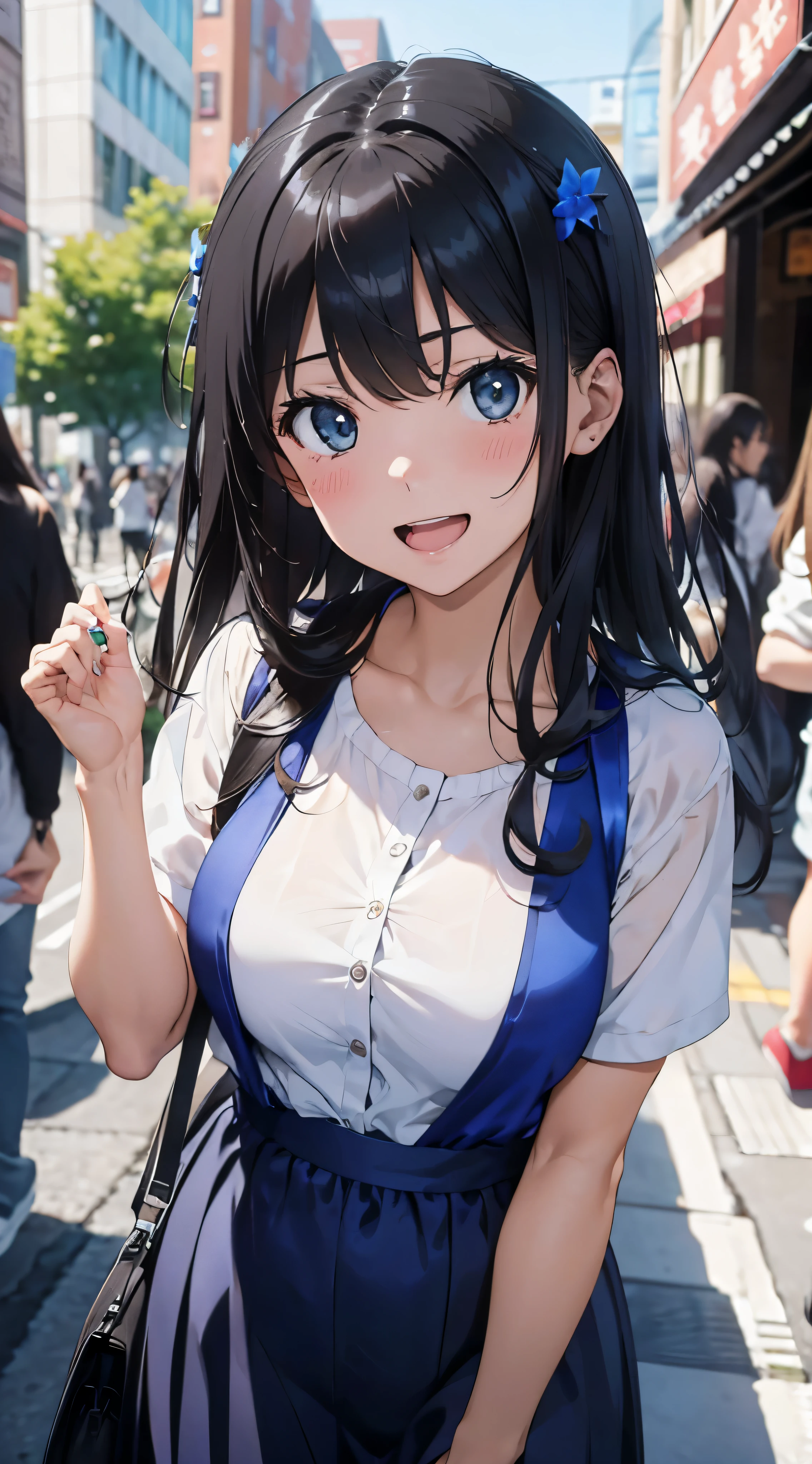 1womanl,Black hair,14years ,(()),Beautiful breasts,(((sexy white and blue shiny cheongsam)))(())(((Blushing cheeks、Smile with open mouth)),(((Satin Narico))),((( portlate))),Crowds,white and blue cheongsam