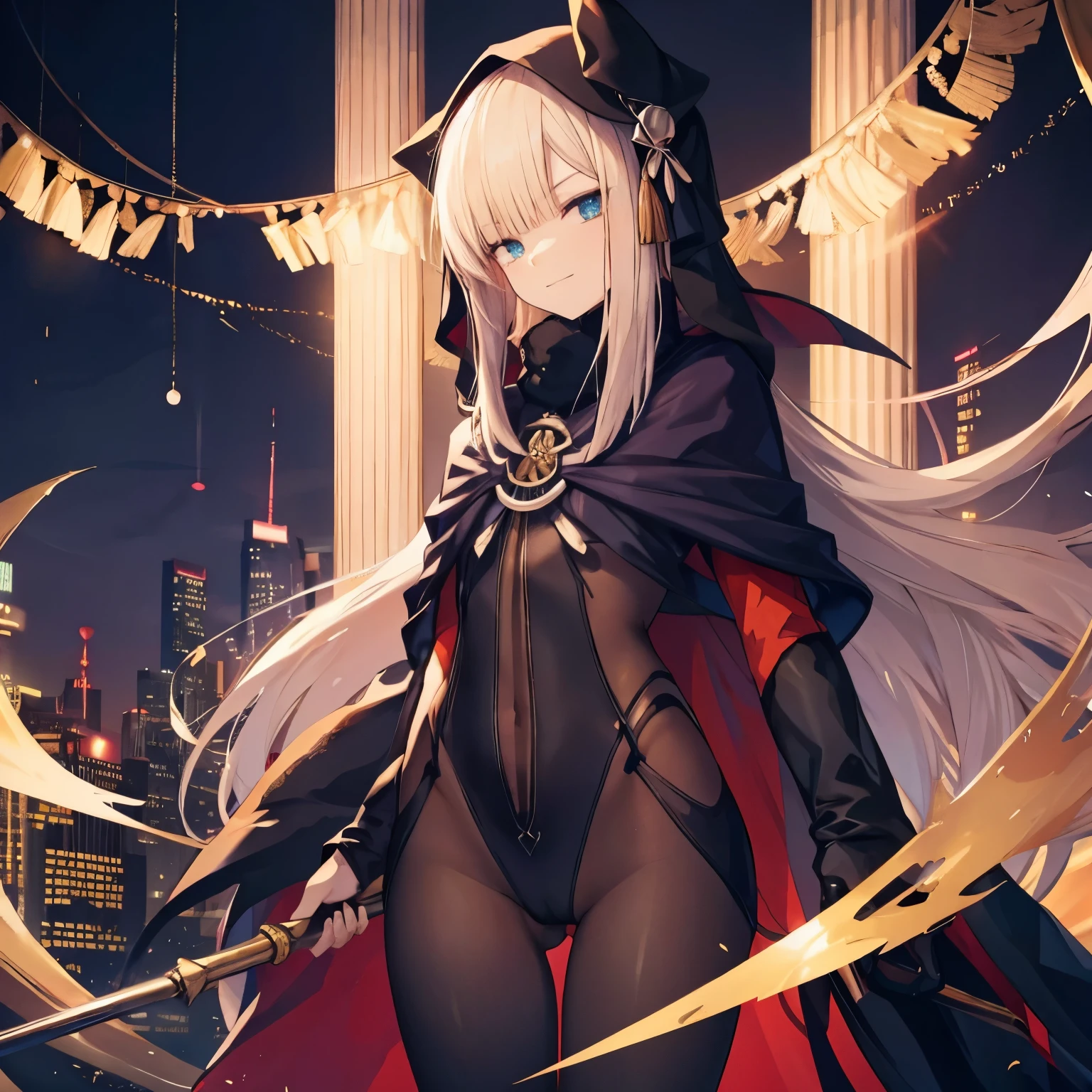 one-girl,Alone,natta,Cotton cloak,Black and gold jumpsuit,围巾,ssmile,slender leg