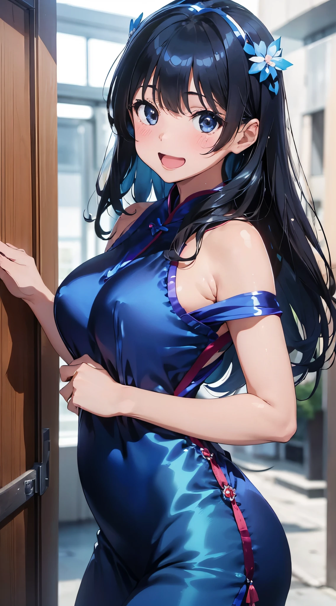 1womanl,Black hair,years ,(()),Beautiful breasts,(((sexy white and blue shiny cheongsam)))(())(((Blushing cheeks、Smile with open mouth)),(((Satin Narico))),((( portlate))),Crowds,white and blue cheongsam