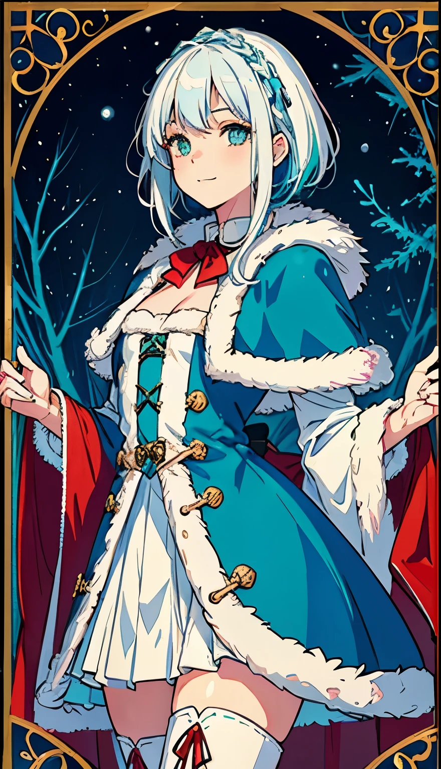 Snowing, forest, moonlight, (masterpiece, top quality, best quality, official art, beautiful and aesthetic:1.3), (1girl:1.3), extreme detailed,colorful,highest detailed,((ultra-detailed)), (highly detailed CG illustration), ((an extremely delicate and beautiful)),cinematic light, solo,full body, small smile, active pose, Christmas, Santa outfit, small breasts, ((white hair)), white hair with (((blue tips))), dip dye, ((dip dyed hair)), green eyes, short hair, Santa costume, Christmas clothes, red dress, fur trim, thighhighs, cosy, warm, knee boots