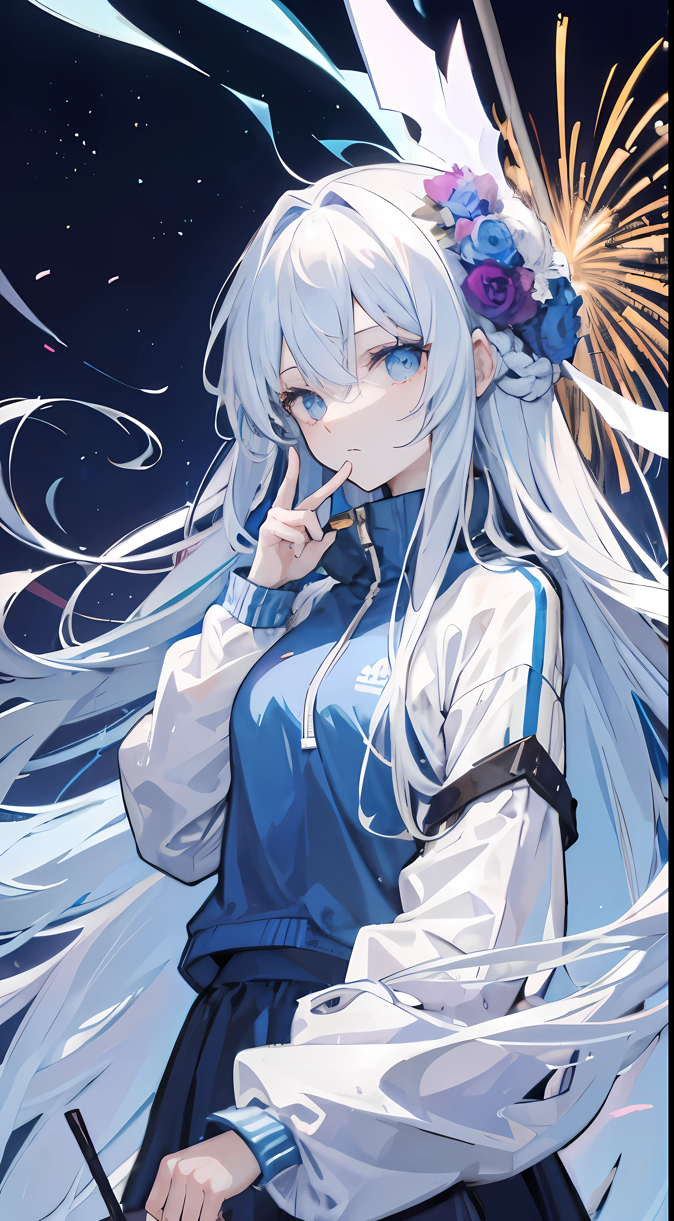 light blue jagged hair,The hair curtain is very long,The hair curtain covers one eye,hair slightly upward,Has gray eyes,sparkle in eyes,Girl of medium build,There is a flower on the head,sunset over empty countryside,Holding a lit fireworks stick in his hand,He is wearing a white tracksuit,black cape skirt,I look lonely and lonely,The atmosphere is desolate,cold shades,He bowed his head,Fingers should be normal and look good