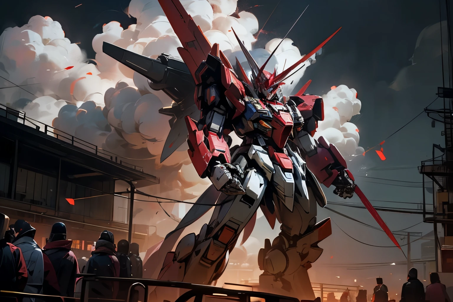 make a wallpaper background with mecha robot,gundam,terrifying night,crowd agains the boss gundam,with red night cloud,people agains the boss
