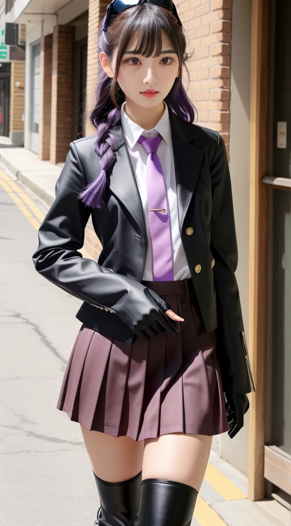 masterpiece, best quality, high res, a akyoko, long hair, purple hair, side braid, blunt bangs, hair ribbon, black ribbon, high collar, brown necktie, black motor cycle jacket, open clothes, long sleeves, black gloves, black mini skirt, pleated skirt, black long boots, full shot, danganronpa \(series\), street, full shot, looking at viewer, white shirt