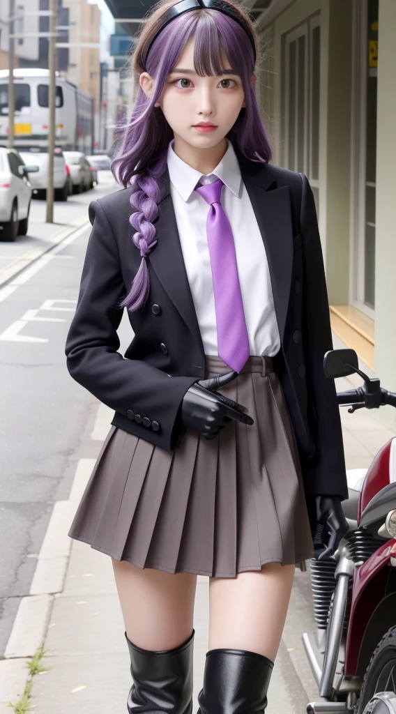 masterpiece, best quality, high res, a akyoko, long hair, purple hair, side braid, blunt bangs, hair ribbon, black ribbon, high collar, brown necktie, black motor cycle jacket, open clothes, long sleeves, black gloves, black mini skirt, pleated skirt, black long boots, full shot, danganronpa \(series\), street, full shot, looking at viewer, white shirt