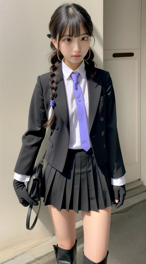 masterpiece, best quality, high res, a akyoko, long hair, purple hair, side braid, blunt bangs, hair ribbon, black ribbon, high collar, brown necktie, black motor cycle jacket, open clothes, long sleeves, black gloves, black mini skirt, pleated skirt, black long boots, full shot, danganronpa \(series\), street, full shot, looking at viewer, white shirt