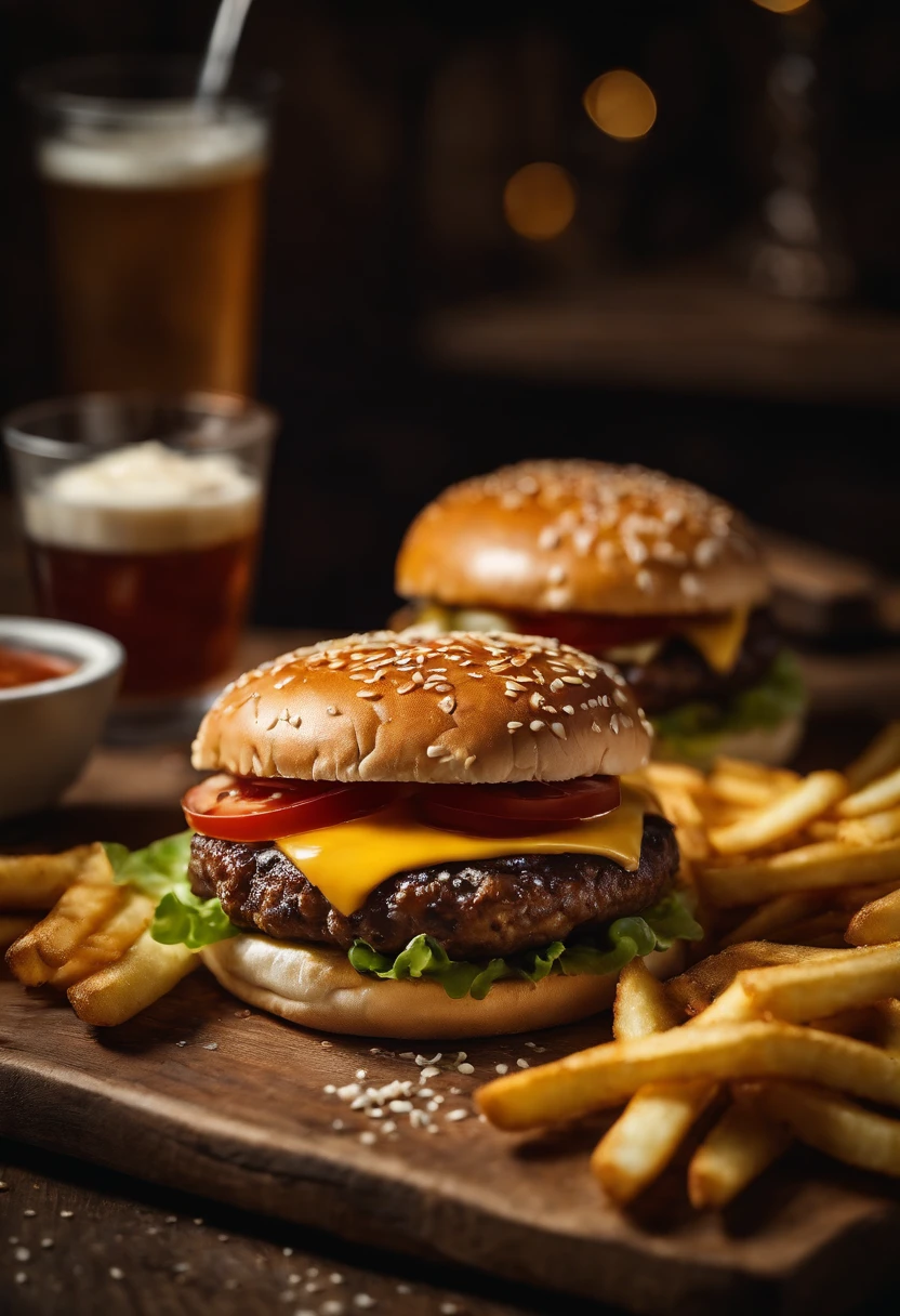 a top-down shot of a cheeseburger on a rustic wooden table, with sesame seeds sprinkled on the bun and a side of crispy golden fries, creating a classic American diner aesthetic