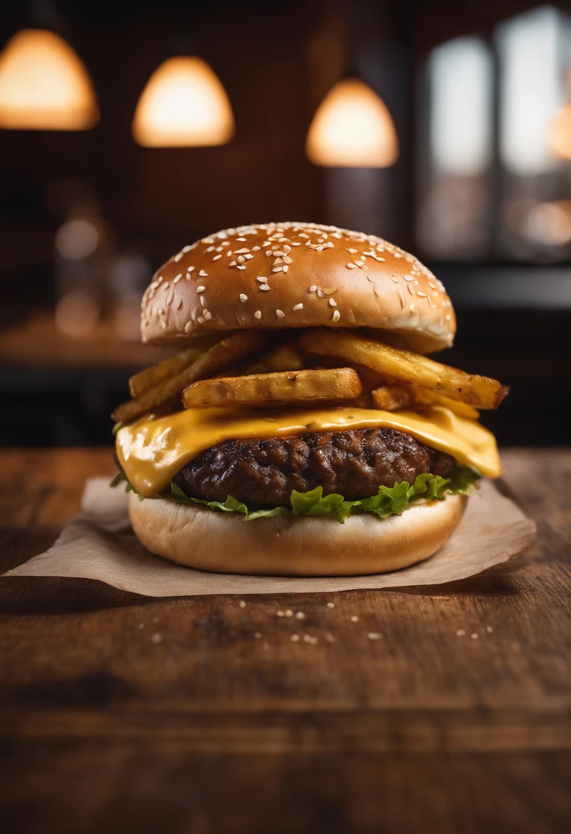 a top-down shot of a cheeseburger on a rustic wooden table, with sesame seeds sprinkled on the bun and a side of crispy golden fries, creating a classic American diner aesthetic