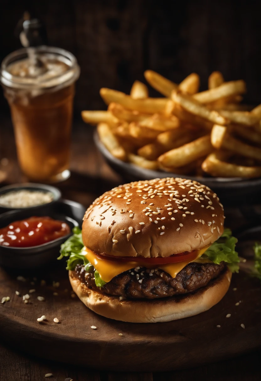 a top-down shot of a cheeseburger on a rustic wooden table, with sesame seeds sprinkled on the bun and a side of crispy golden fries, creating a classic American diner aesthetic