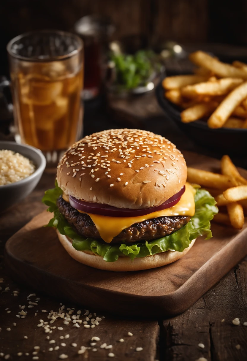 a top-down shot of a cheeseburger on a rustic wooden table, with sesame seeds sprinkled on the bun and a side of crispy golden fries, creating a classic American diner aesthetic
