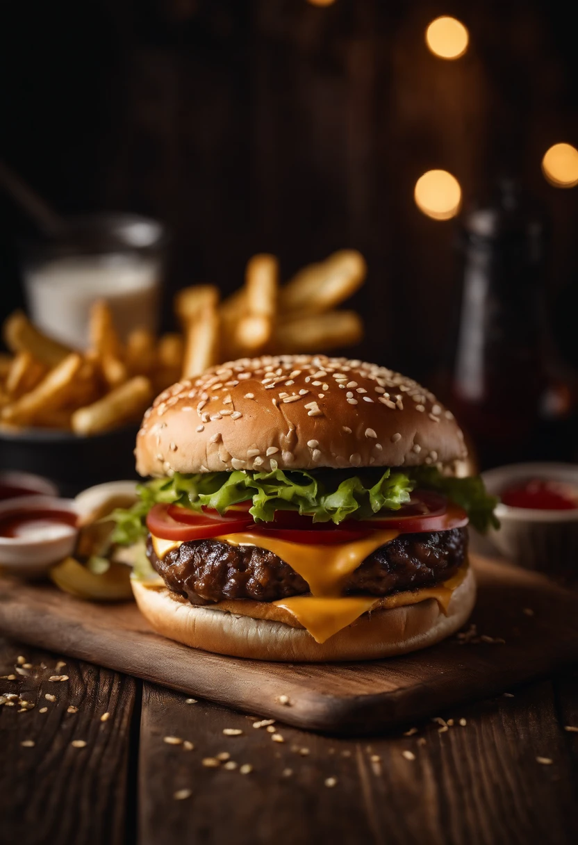 a top-down shot of a cheeseburger on a rustic wooden table, with sesame seeds sprinkled on the bun and a side of crispy golden fries, creating a classic American diner aesthetic