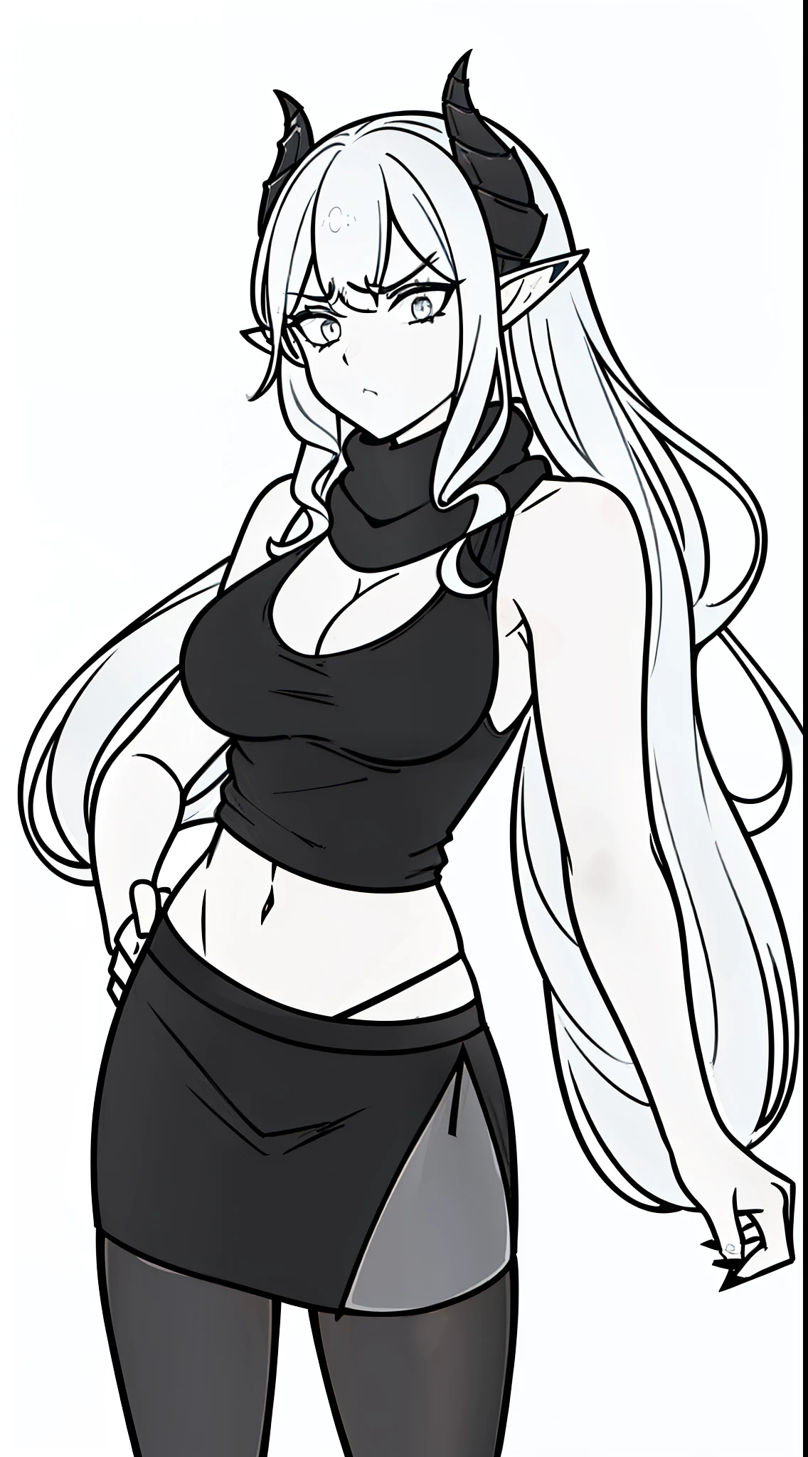 1girl,20s,solo,mature female,medium breasts,long hair, white hair,curly hair,((villain,psycho,psychopath, angry)),show belly,cleavage,horns,elf ears,scarf,(((black tank top,black pencil skirt,black pantyhoses))),standing,(white background, line drawing),detailed,masterpiece,4k
