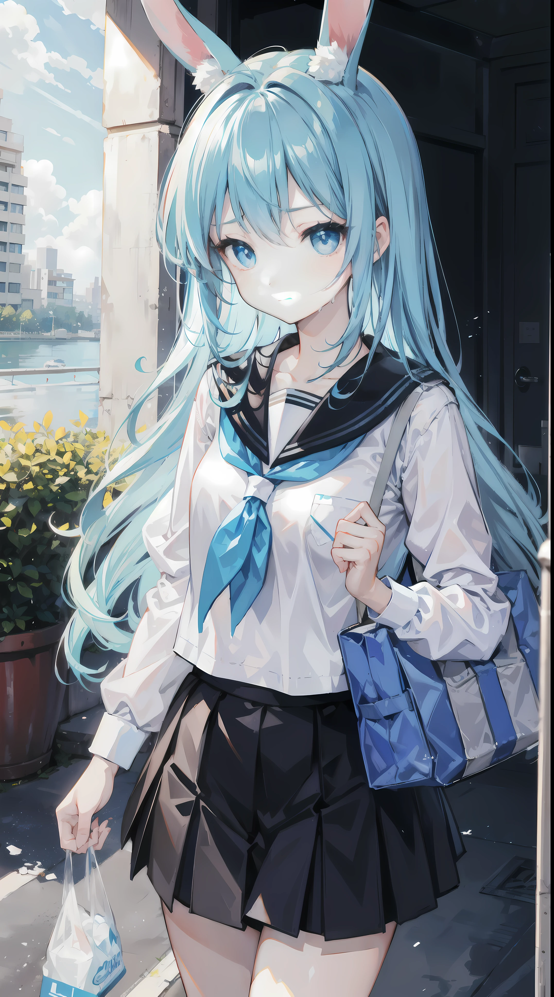 On a table,Best quality at best,ultra - detailed,two hands,Two legs,five finger,best faces,1 girl,light blue long hair,timid,bunny ears,light blue  eyes, Height 145 cm,small tit,bunny tail,a baby face,timid,a sailor suit,whitet-shirt,a black skirt,White  socks,Holding a bag in his hand,The clothes are soaked with sweat,exhausted face,schools,walking down a road,Heat waves