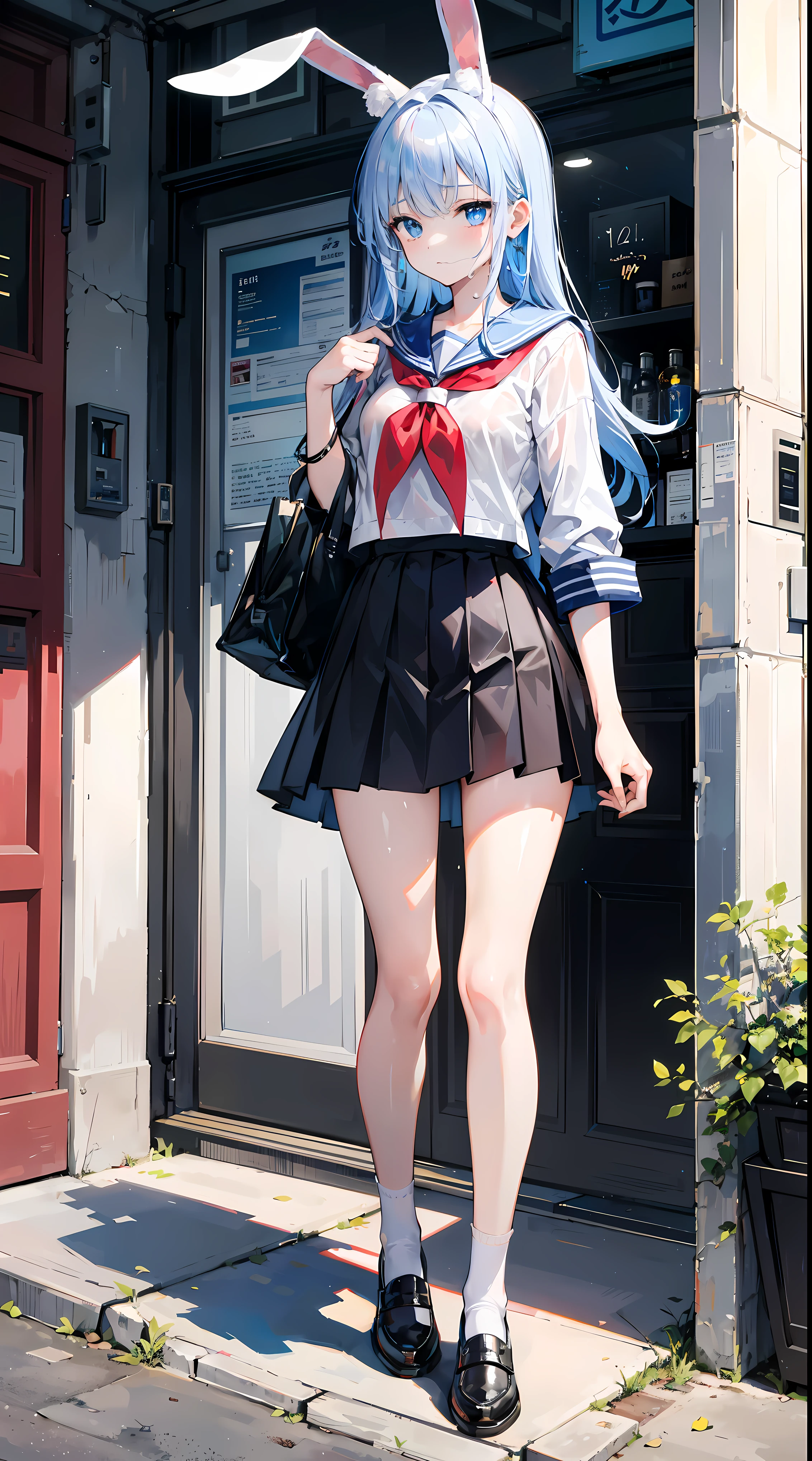 On a table,Best quality at best,ultra - detailed,two hands,Two legs,five finger,best faces,1 girl,light blue long hair,timid,bunny ears,light blue eyes, Height 145 cm,small tit,bunny tail,a baby face,timid,a sailor suit,whitet-shirt,a black skirt,White socks,Holding a bag in his hand,The clothes are soaked with sweat,exhausted face,schools,walking down a road,Heat waves