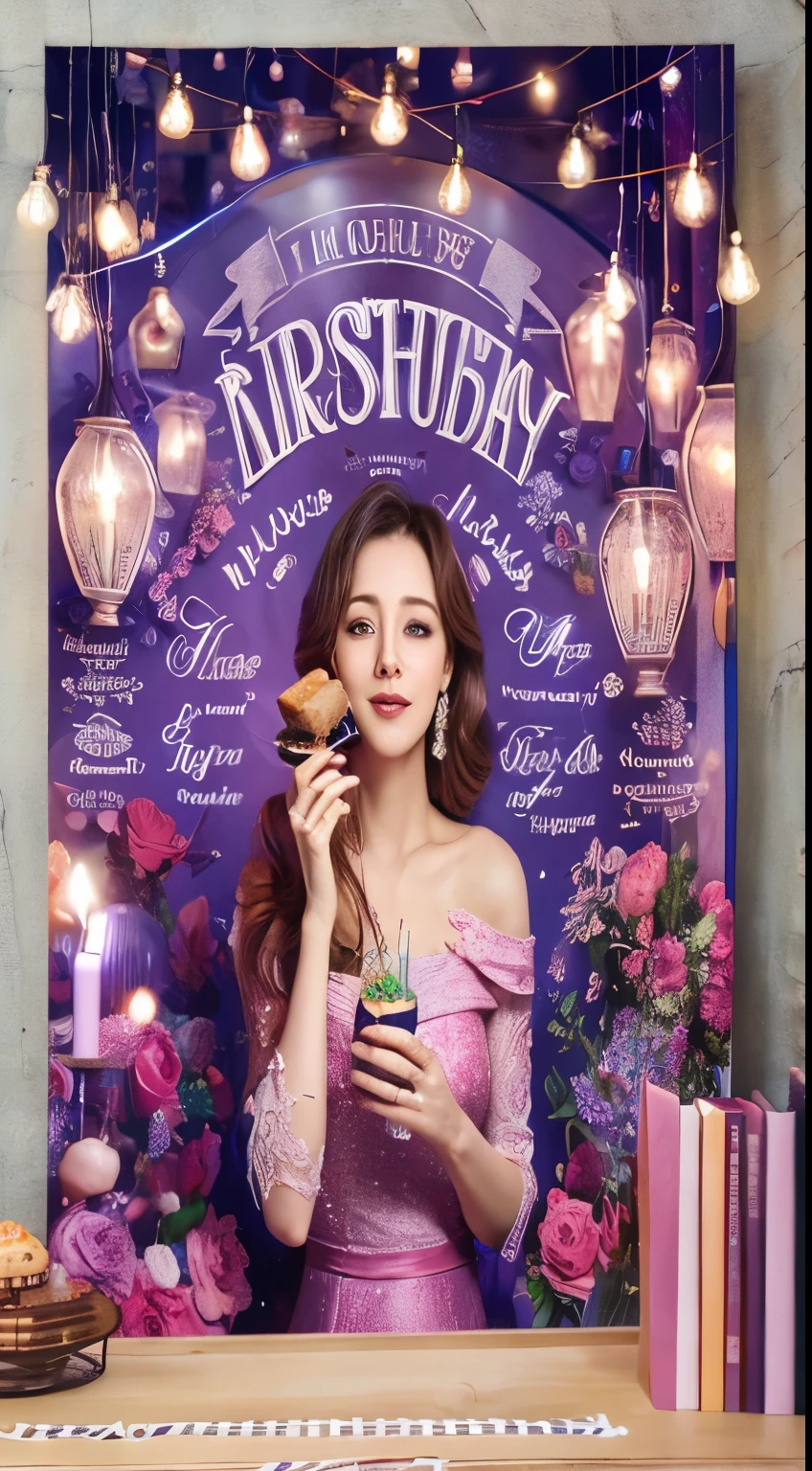 Make a realistic photo of a beautiful 32-year-old birthday woman holding a cake, and behind the wall is written in the name of nata Lidia