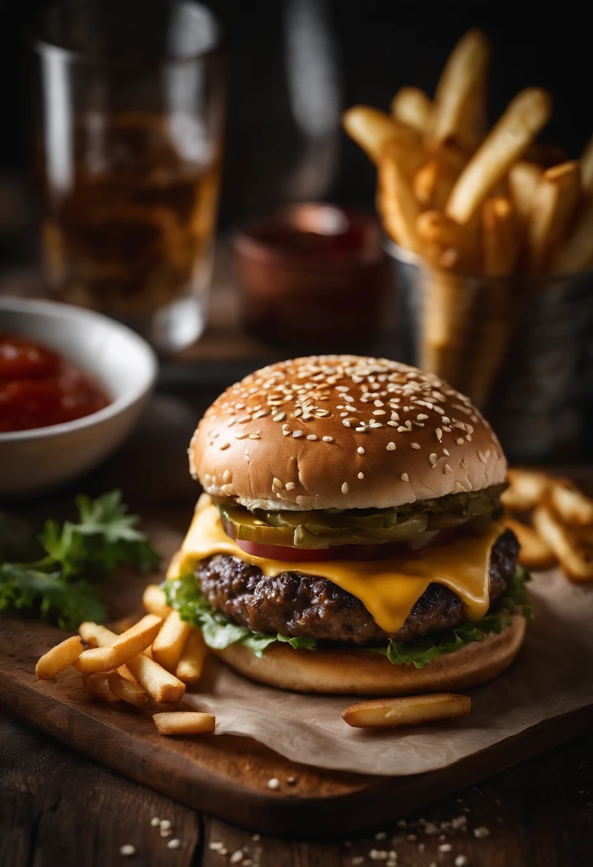 a top-down shot of a cheeseburger on a rustic wooden table, with sesame seeds sprinkled on the bun and a side of crispy golden fries, creating a classic American diner aesthetic