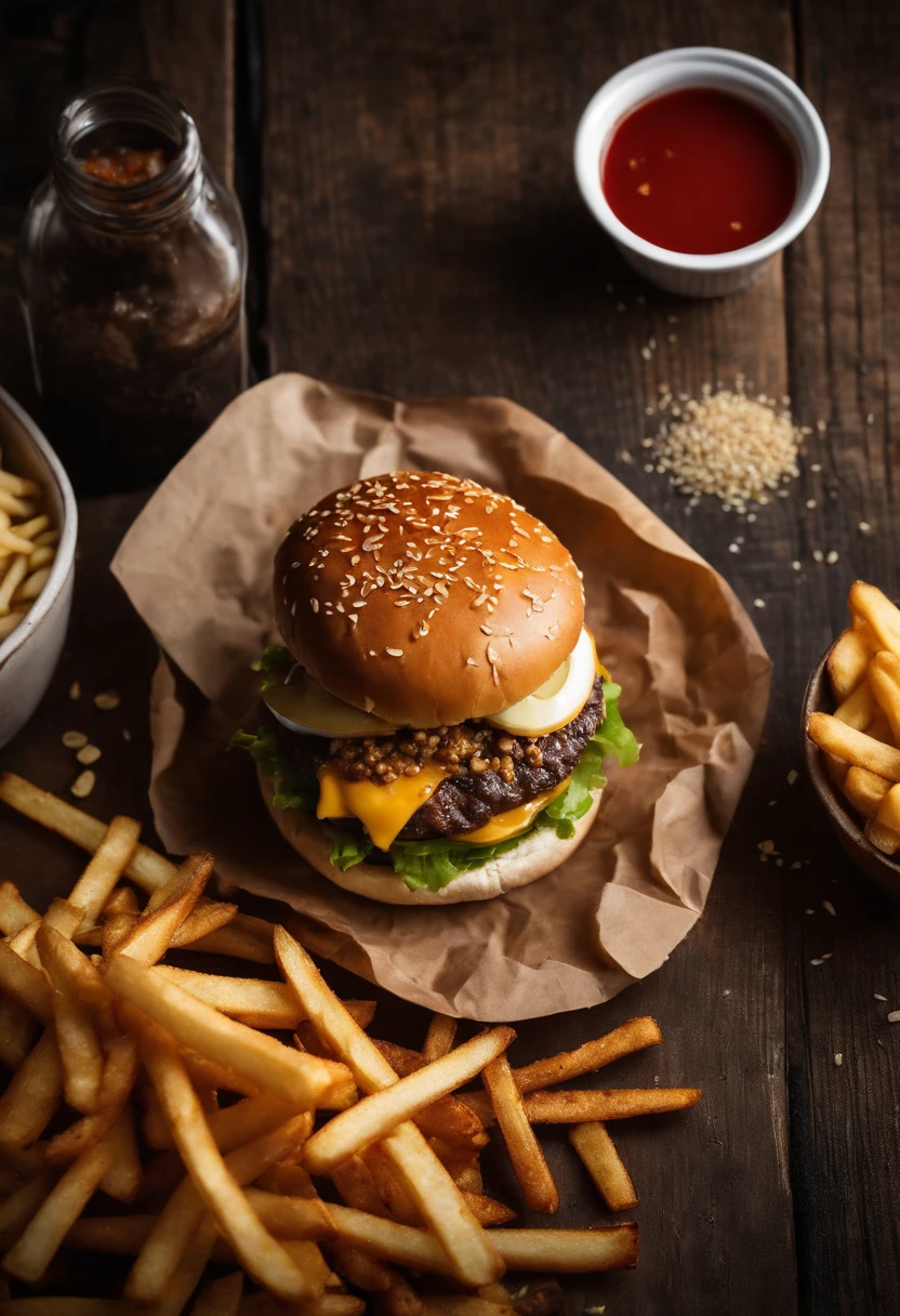 a top-down shot of a cheeseburger on a rustic wooden table, with sesame seeds sprinkled on the bun and a side of crispy golden fries, creating a classic American diner aesthetic