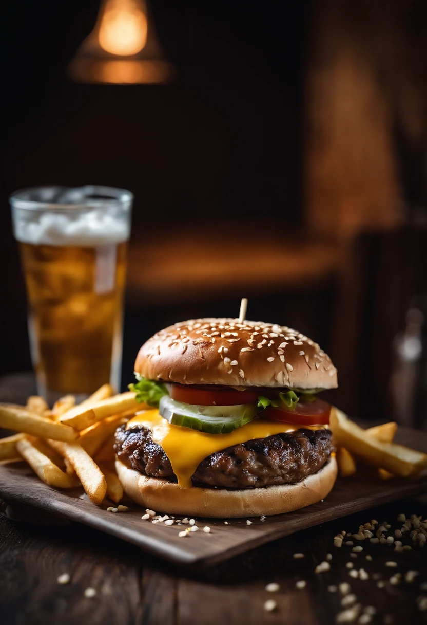 a top-down shot of a cheeseburger on a rustic wooden table, with sesame seeds sprinkled on the bun and a side of crispy golden fries, creating a classic American diner aesthetic