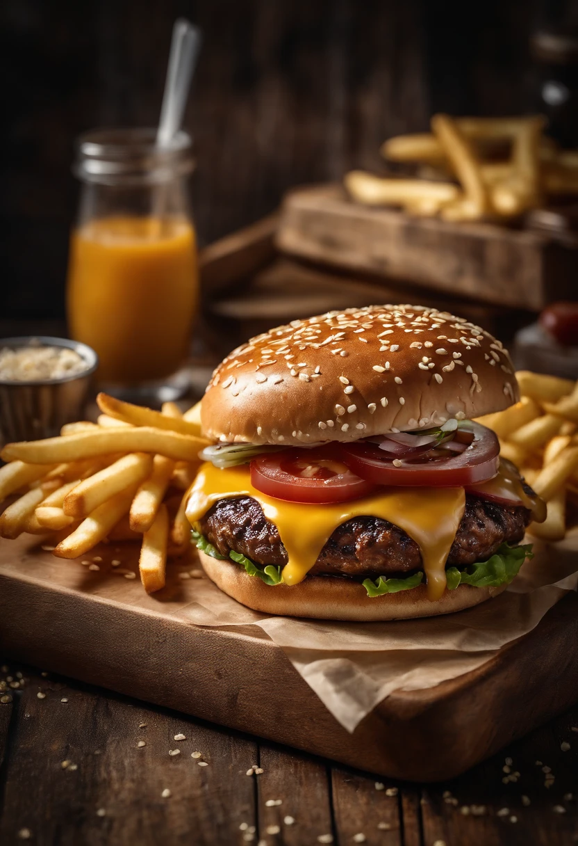 a top-down shot of a cheeseburger on a rustic wooden table, with sesame seeds sprinkled on the bun and a side of crispy golden fries, creating a classic American diner aesthetic