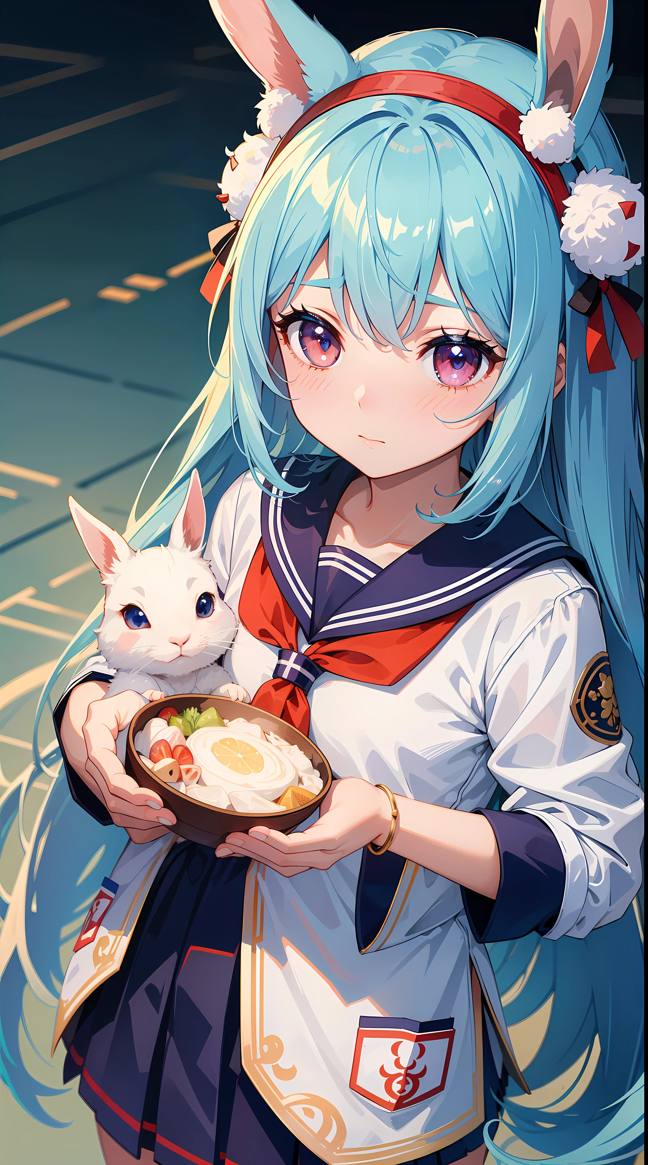 (High quality ultra-detailed CG art、Cultural festivals、Rabbit ear hairband:1.2)学校Cultural festivals蓝发、largeeyes、Cold、Cool beauty、16idad、Red blush、There is a problem with the eyes、double tails、、are small、Summer school uniform、
