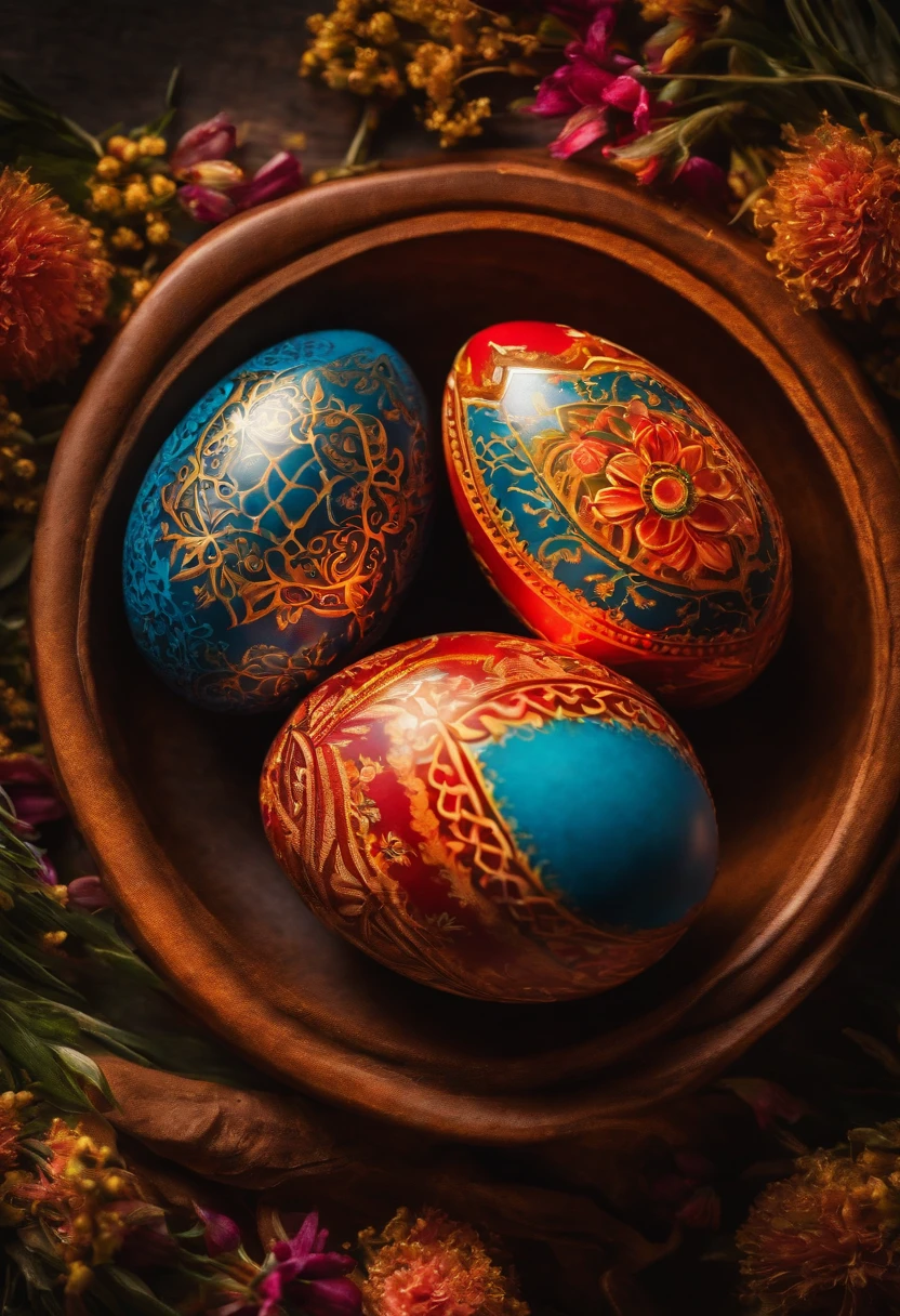 a close-up shot of a vibrant Easter egg, showcasing intricate hot wax designs, with the colors and patterns creating a visually striking and festive composition