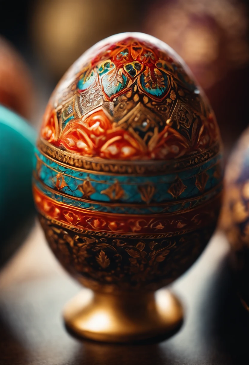 a close-up shot of a vibrant Easter egg, showcasing intricate hot wax designs, with the colors and patterns creating a visually striking and festive composition
