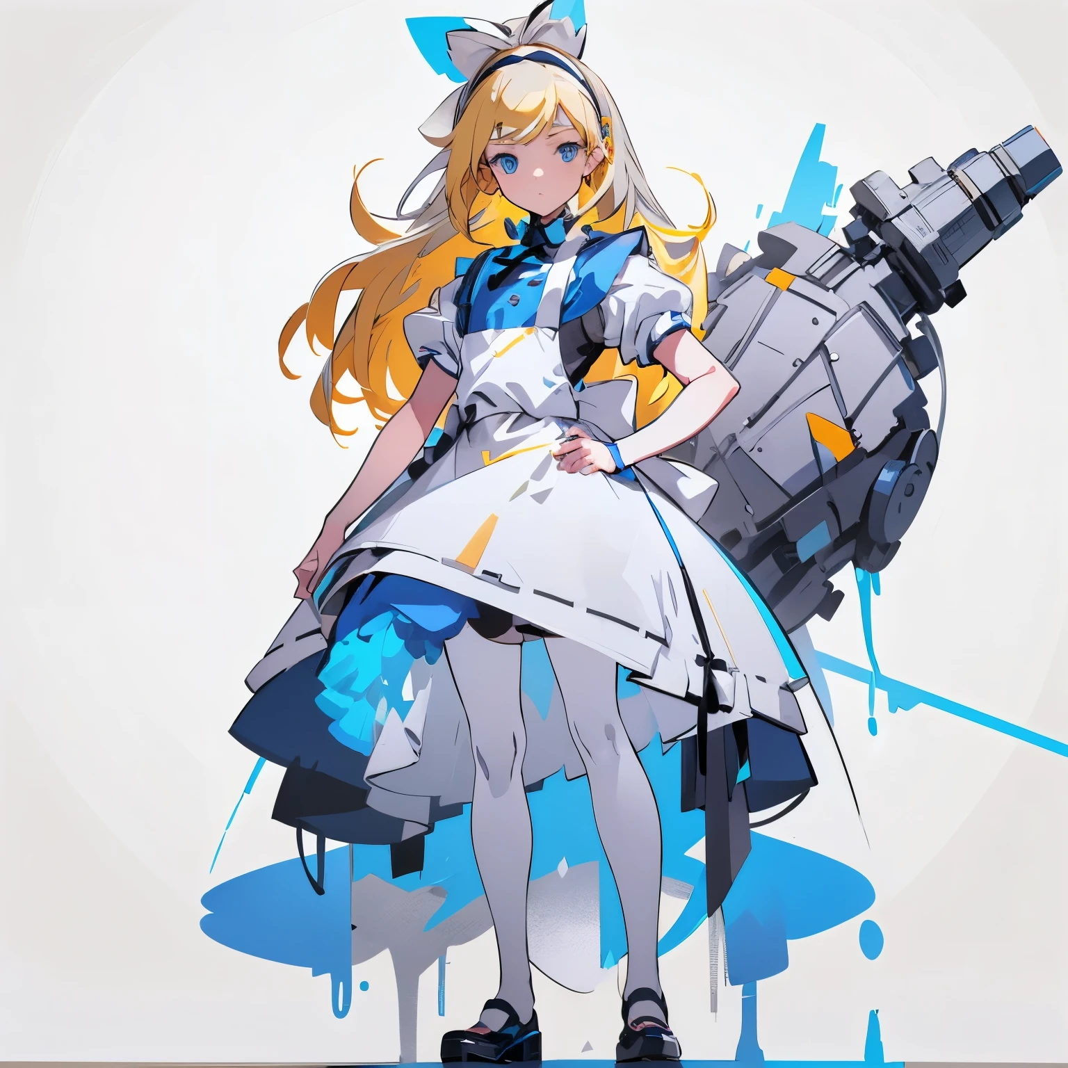 【Highest Quality, masutepiece】  [(1girl:1.5), expressioness, (blonde hair:1.5), long hair,Blue dress, (blue eyes:1.3), white legwear, apron, hairband ribbon, slender beauty, short stature ,shoes, short sleeves, saucer, black footwear, Upper body] (Gray white background:1.7), Surprised,