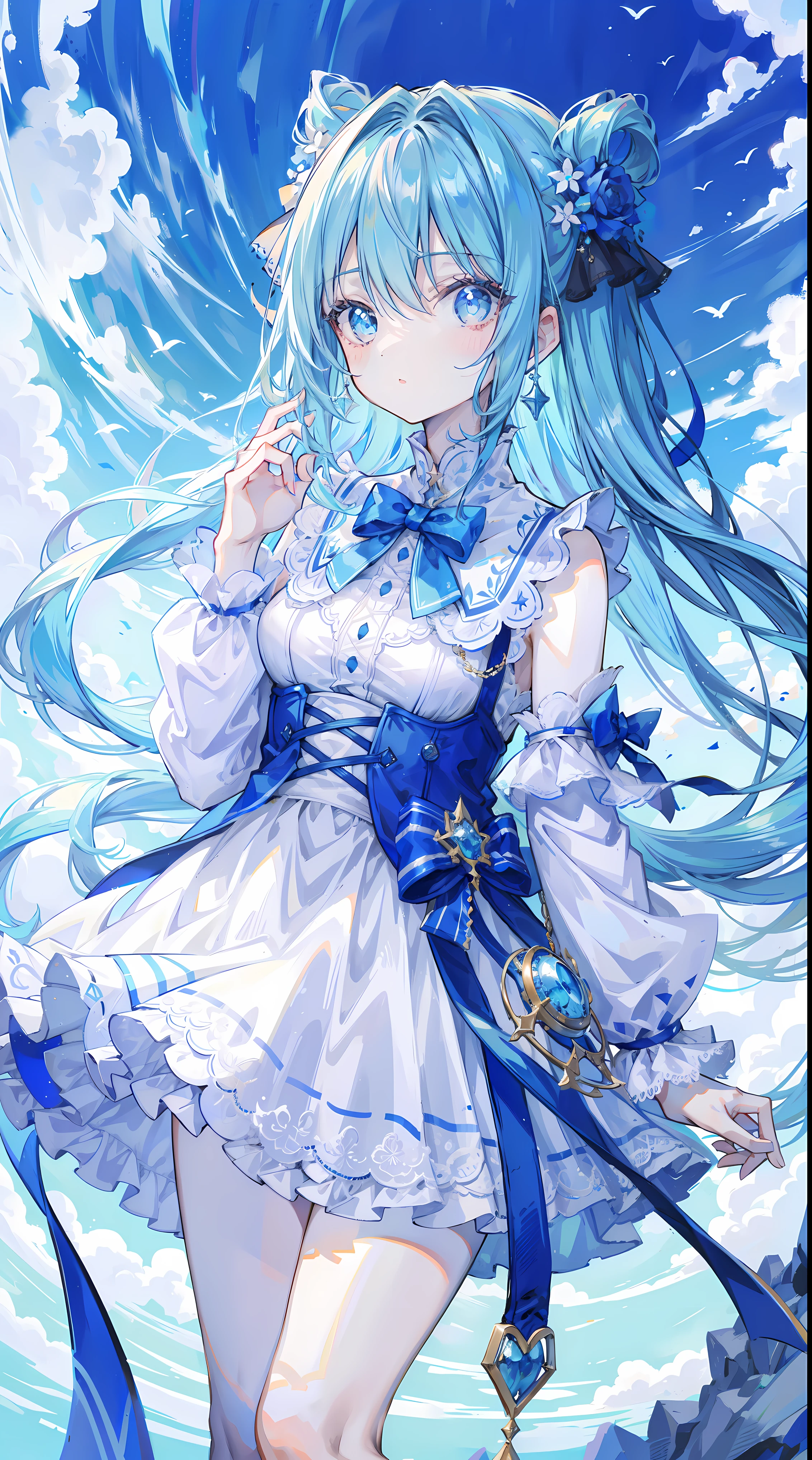 tmasterpiece,Best quality at best,1 girl suit,blue hairs,sky sky