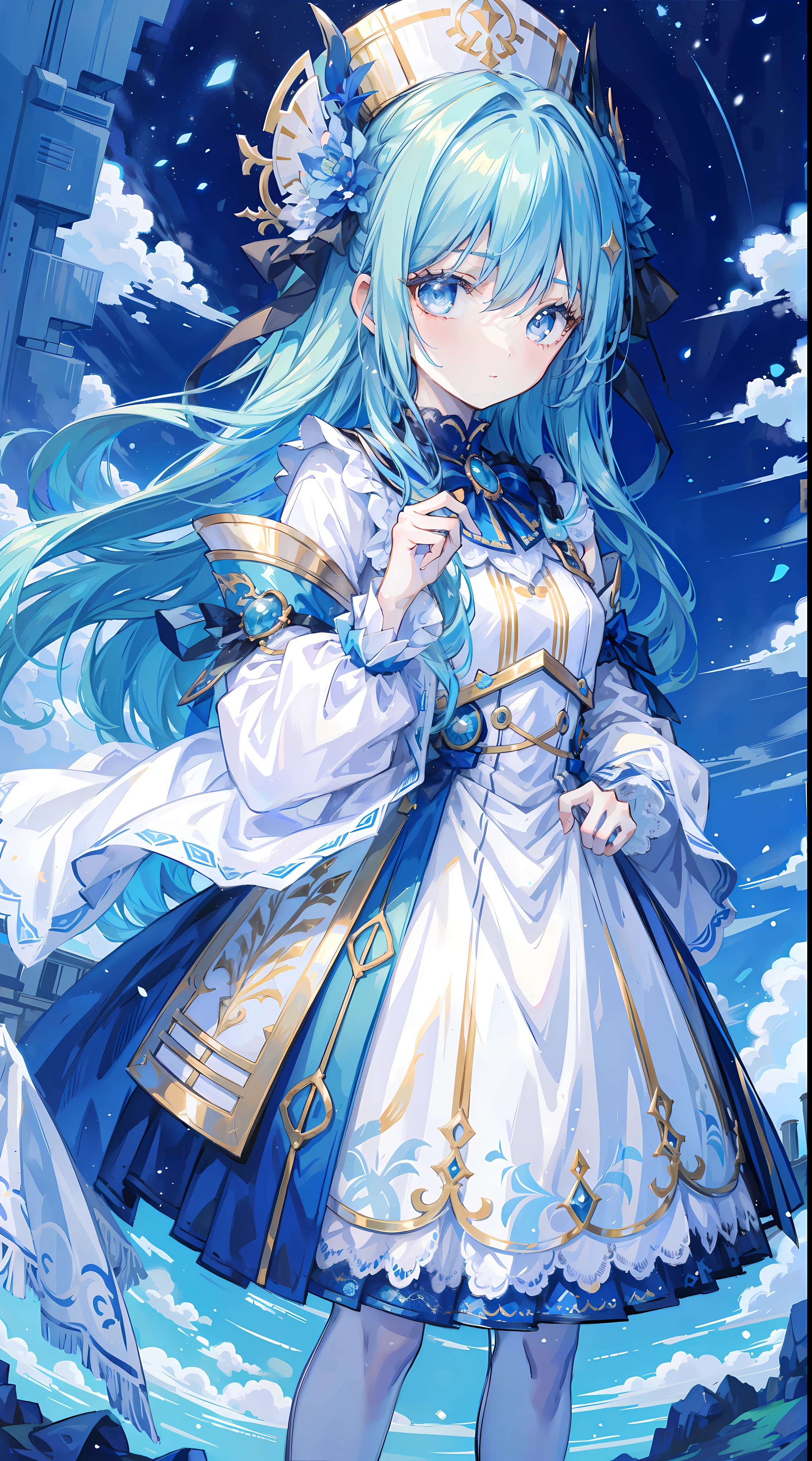 tmasterpiece,Best quality at best,1 girl suit,blue hairs,sky sky
