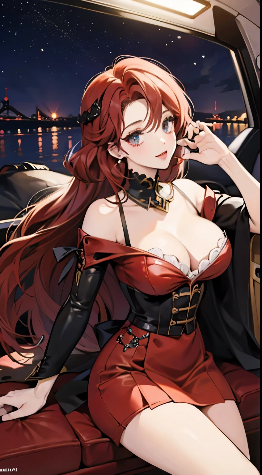 Mulher estilo anime, sentada em uma Lamborghini vermelha, with the headlights on, a noite