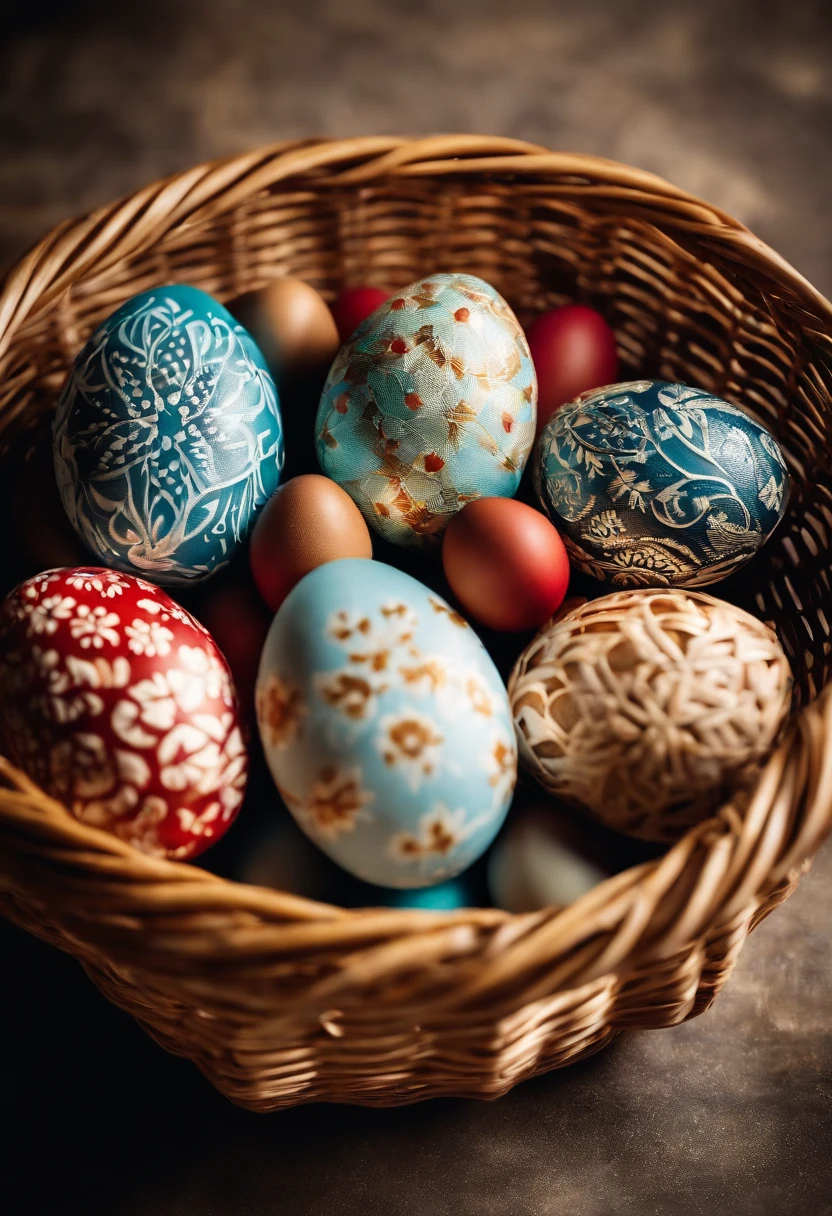 a lifestyle shot of a wicker basket filled with beautifully decorated Easter eggs, with the hot wax technique evident in the intricate patterns and designs, creating a captivating and festive display