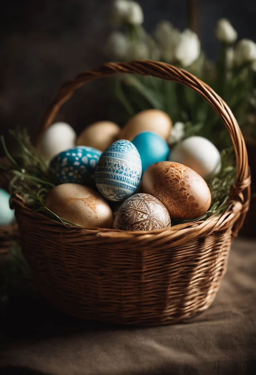 a lifestyle shot of a wicker basket filled with beautifully decorated Easter eggs, with the hot wax technique evident in the intricate patterns and designs, creating a captivating and festive display