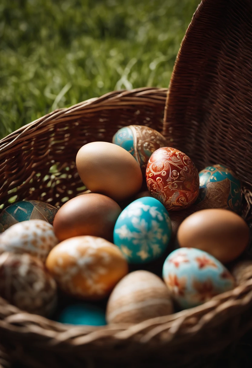 a lifestyle shot of a wicker basket filled with beautifully decorated Easter eggs, with the hot wax technique evident in the intricate patterns and designs, creating a captivating and festive display