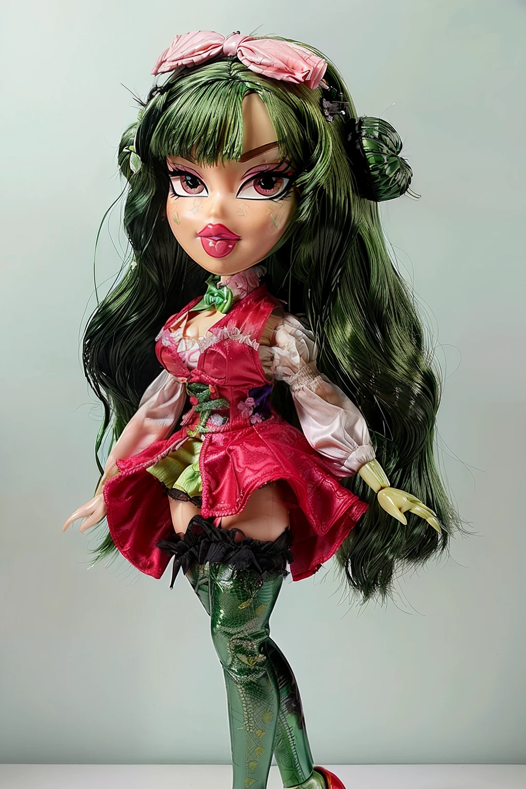 Bratz girl with detailed eyes and big lips and green rococo hair, wearing versace colorful flowers dress , full body , plastic skin , doll joints , ,(masterpiece, top quality, best quality, beautiful and aesthetic:1.2), YuukaKazami, red_eyes, green_hair, doll, revealing clothes, big head, 1girl, solo, breasts, curvy, wide hips, narrow waist, joints, doll joints, cleavage, bursting breasts, huge breasts, lips, long_hair, green_hair, bow, smile, bangs, red_eyes, vest, full body, high heels, thighhighs