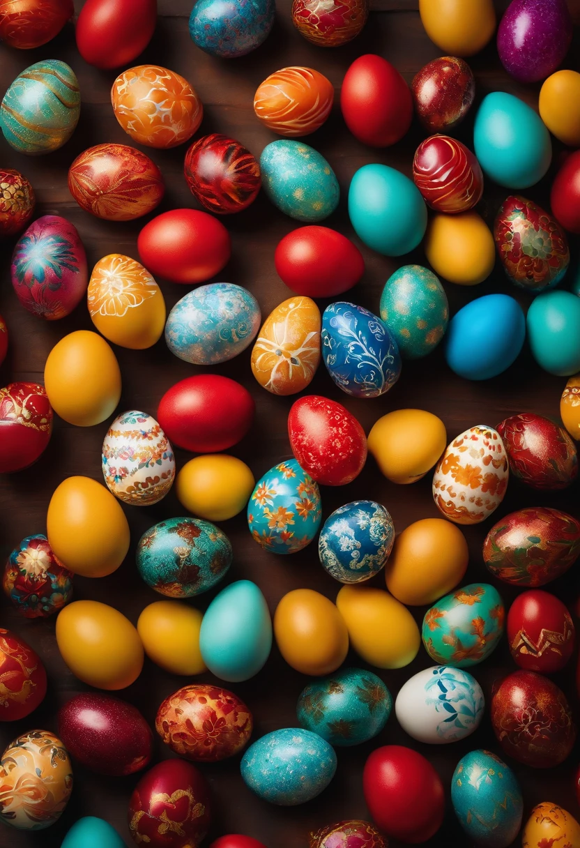 a top-down shot of a table filled with vibrant Easter eggs, some with hot wax patterns and others painted in bold colors, creating a visually dynamic and festive atmosphere