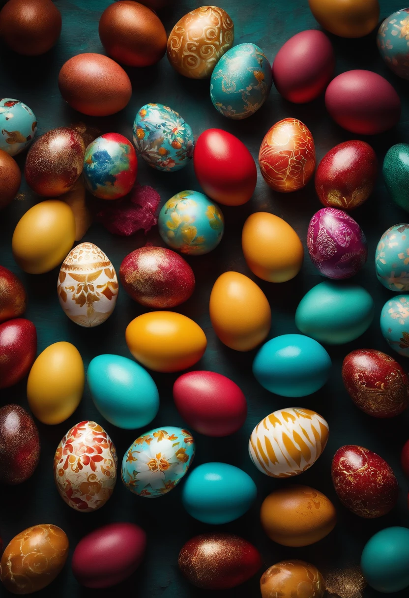 a top-down shot of a table filled with vibrant Easter eggs, some with hot wax patterns and others painted in bold colors, creating a visually dynamic and festive atmosphere