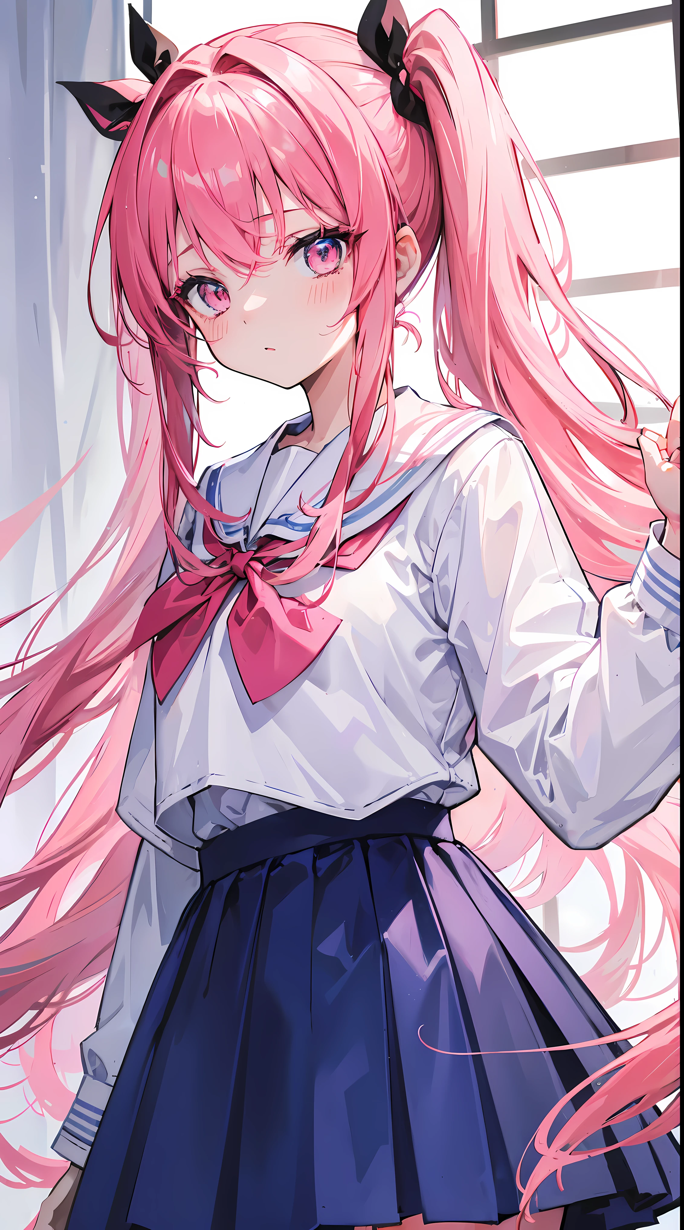 light blue long hair，deep red pink eyes，Hair tied up with two pink hairbands，Short double ponytail，Qi bangs，There are two long hair curtains on both sides，Wearing a white sailor uniform，short  skirt，Pull up bangs with hairpins，The sleeves are long，Fresh atmosphere，warm color palette，The eyes have God，to emphasize，tmasterpiece，blush blush，face expressionless，Open your mouth slightly，plaid skirts