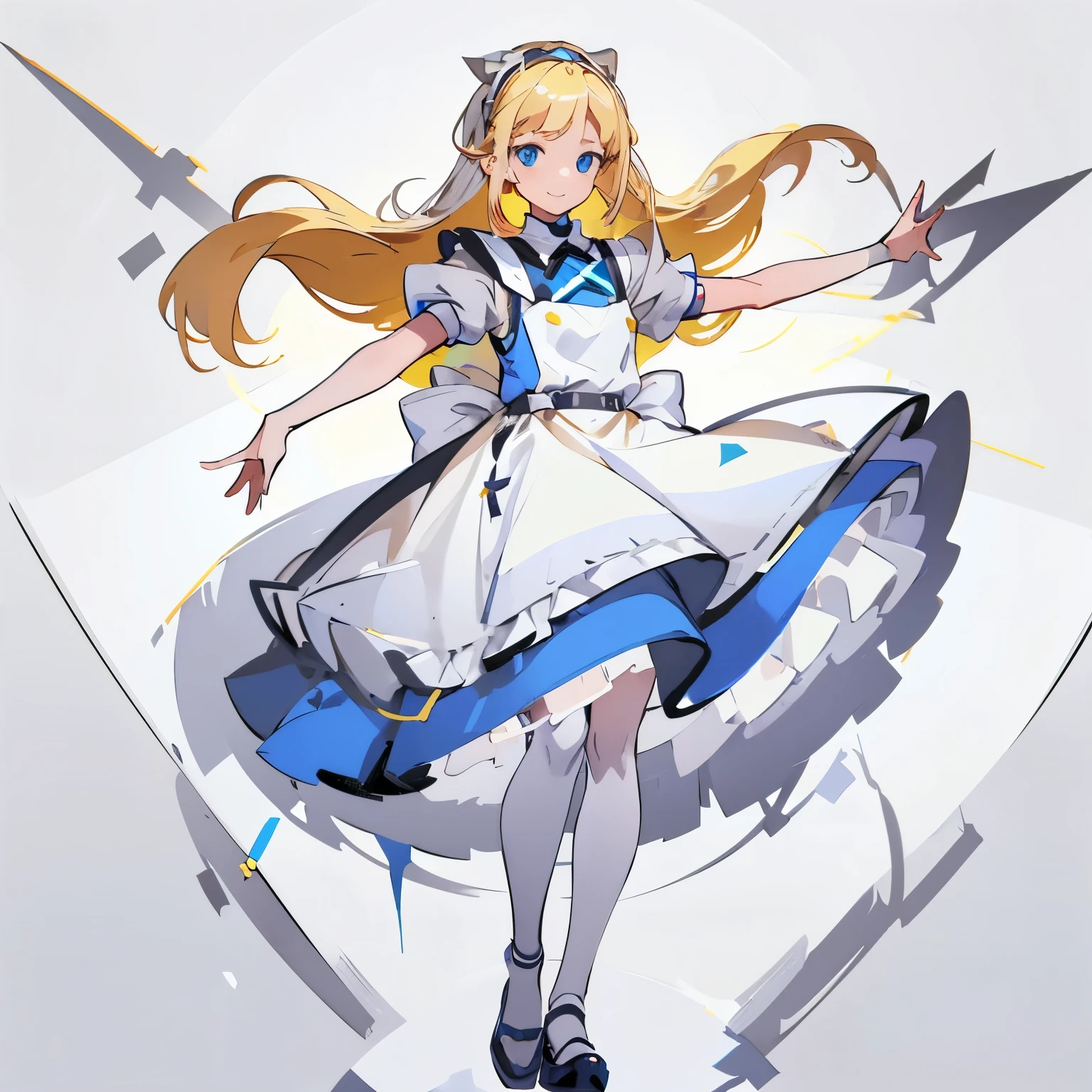 【Highest Quality, masutepiece】  [(1girl:1.5), expressioness, (blonde hair:1.5), long hair,Blue dress, (blue eyes:1.3), white legwear, apron, hairband ribbon, slender beauty, short stature ,shoes, short sleeves, saucer, black footwear, Upper body] (Gray white background:1.7), smile