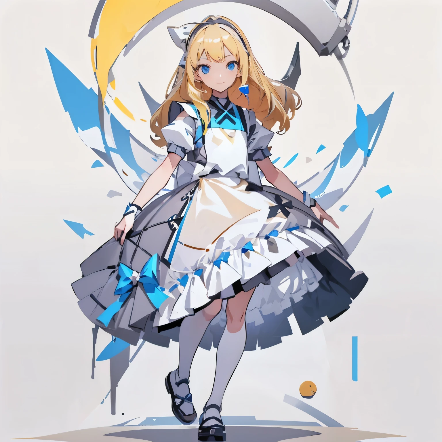 【Highest Quality, masutepiece】  [(1girl:1.5), expressioness, (blonde hair:1.5), long hair,Blue dress, (blue eyes:1.3), white legwear, apron, hairband ribbon, slender beauty, short stature ,shoes, short sleeves, saucer, black footwear, Upper body] (Gray white background:1.7), smile