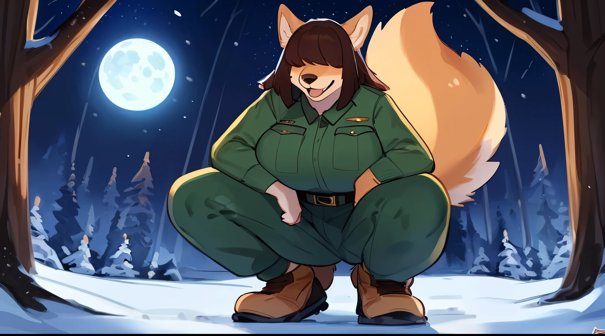 By bebebebebe, by lostgoose, by goonie-san, female, ((canine, snout, hair covering eyes, straight hair, medium hair, flat hair, ears, thin snout)), brown fur, big poofy tail, raised tail, dark maroon hair, (muscular, big breasts), solo, (tan and green park ranger uniform), (winter, forest), squatting, gasping, open mouth, (((mouth full of cum, cum filled mouth, so much cum, cum, drooling cum, lots of cum, cum all over face))), blushing