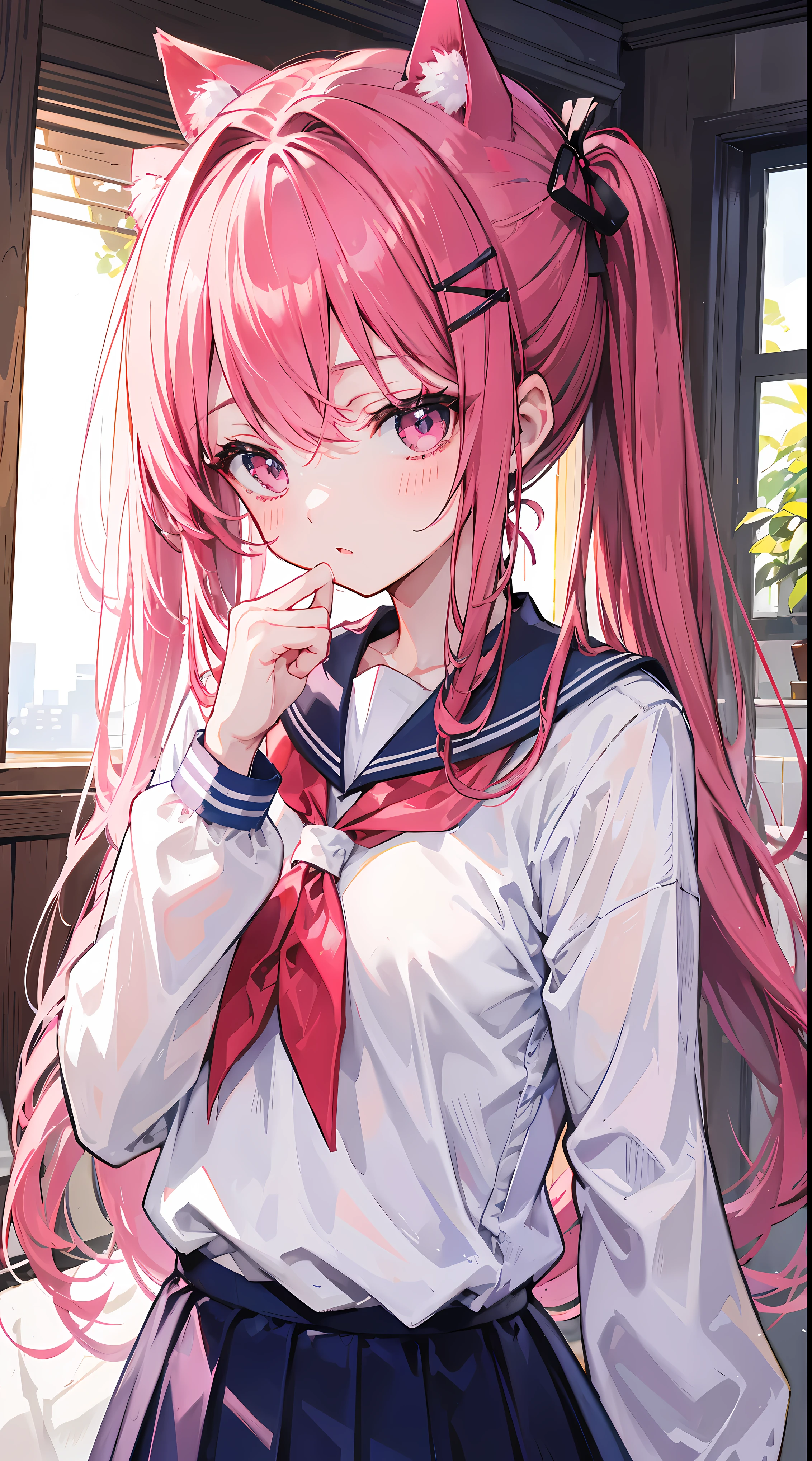 light blue long hair,deep red pink eyes,Hair tied up with two pink hairbands,Short double ponytail,Qi bangs,There are two long hair curtains on both sides,Wearing a white sailor uniform,short skirt,Pull up bangs with hairpins,The sleeves are long,Fresh atmosphere,warm color palette,The eyes have God,to emphasize,tmasterpiece,blush blush,face expressionless,Open your mouth slightly