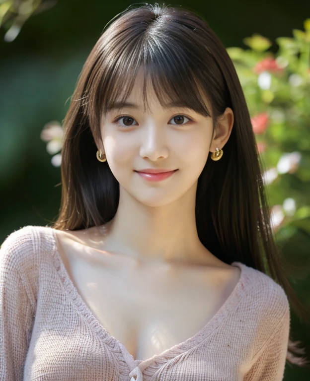 ((masutepiece)), 8K, masutepiece, Highest Quality, 1 girl, Solo, Realistic, garden, Photorealistic, ,Nogizaka46 Idol,gravure idol dark light, shush, Gentle, Smiling, profile, profile, looking in camera, earrings, long straight black hair, asymmetrical bangs, Cute baby b, Natural breasts, Half hair, Ultra-high resolution backgrounds, (Eye details Ace details), (Clothing Details), (Ultra High Resolution),